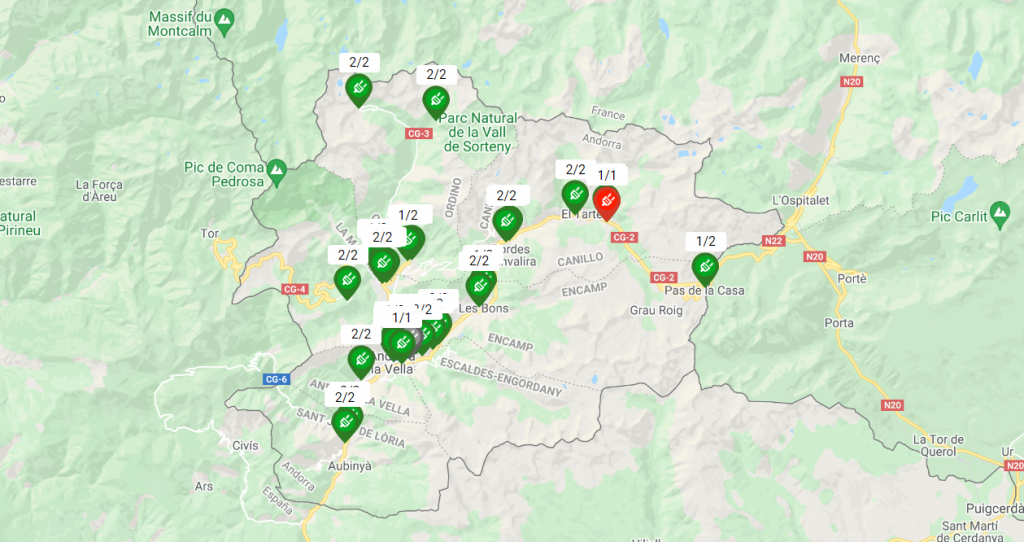 mapa de puntos de carga gratuitos para coches eléctricos en Andorra